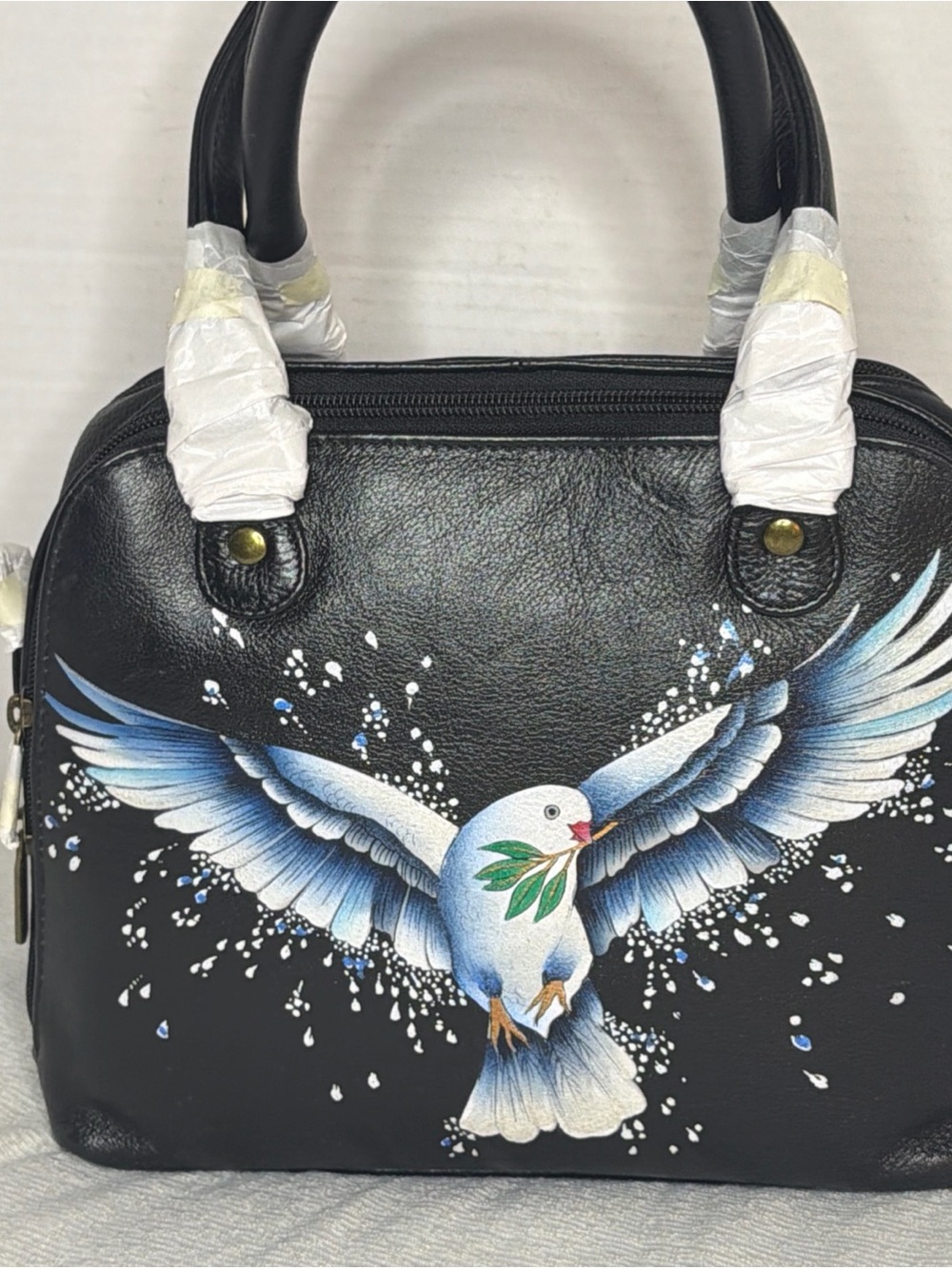 NWT Anna by Anuschka Black Hand Painted Leather Peace & Love DoveSatchel Bag